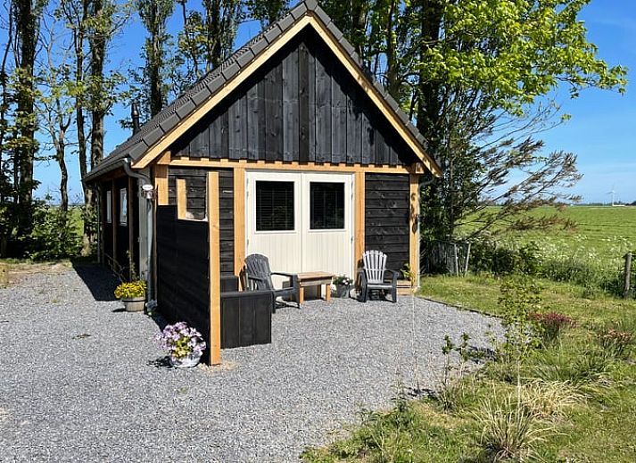 Vakantiehuisje in Peins op het Friese platteland, met charmante houten gevel en landelijke omgeving.
