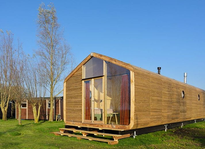 Ferienhaus in Broek in der friesischen Landschaft, modernes Holzhaus mit grosser Glasfassade und Aussicht auf die gruene Umgebung.