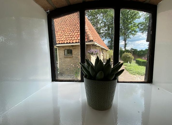 Uitzicht vanuit Vakantiehuis in De Hoeve over het Friese platteland, met moderne stoelen op het terras.