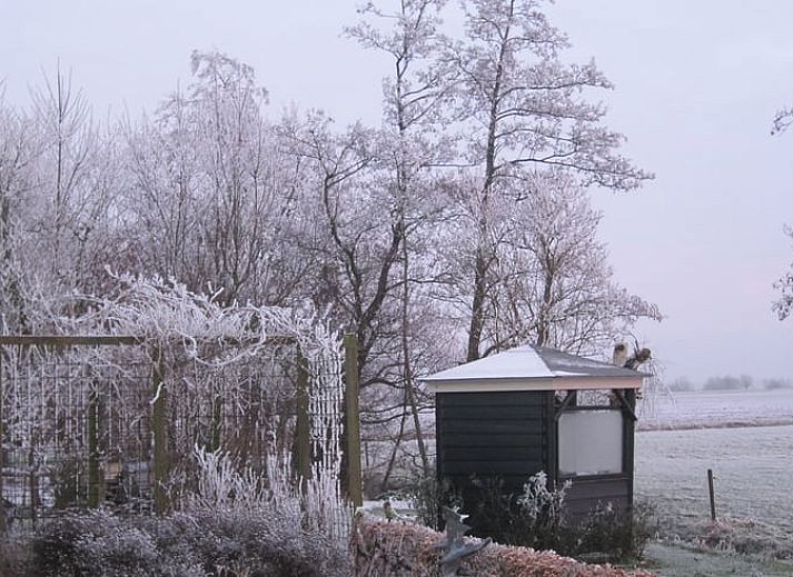 Gezellige woonkamer in Huisje in Readtsjerk, vakantiehuis op het Friese platteland met houten balken en landelijke charme.