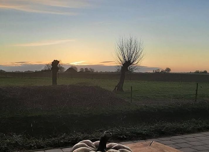 Schlafzimmer im Ferienhaus in Holwerd mit Blick auf die gruene Umgebung von Friesland.