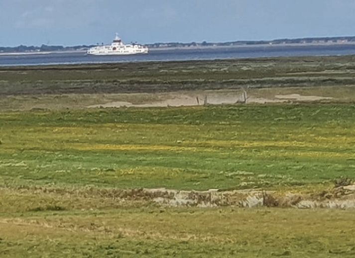 Schlafzimmer im Ferienhaus in Holwerd mit Blick auf die gruene Umgebung von Friesland.