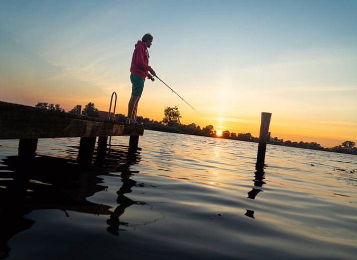 Overzicht van Huisje in Nes, Friesland, omgeven door groen en water voor een serene vakantie.