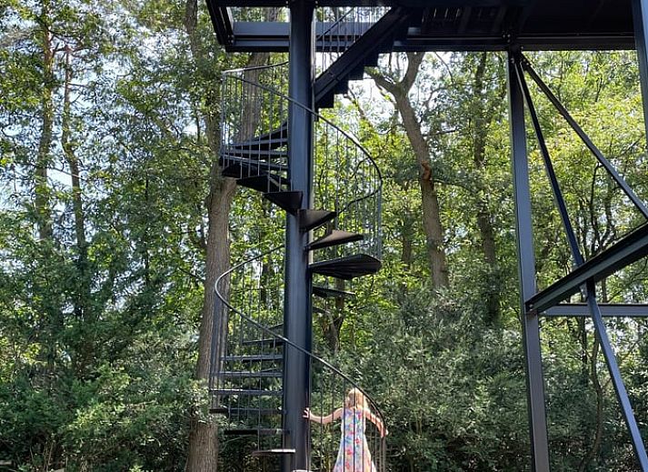 Innenraum eines Ferienhauses in Arnheim mit grossem Rundfenster und Blick in die Natur.