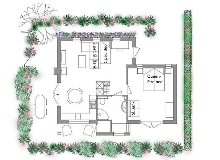 Fruehlingsansicht des Ferienhauses in Culemborg, umgeben von bluehenden Baeumen im gruenen Rivierengebied.