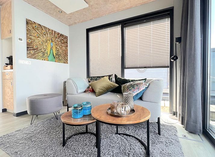 Moderne binnenruimte in Jopies Houseboat, gelegen in Maasbommel, Rivierengebied Gelderland, met een stijlvolle inrichting.