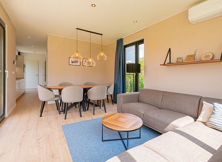 Parklodge 6 in Achterhoek: schaduwrijke zitplek met sauna en hottub in vakantiehuis.