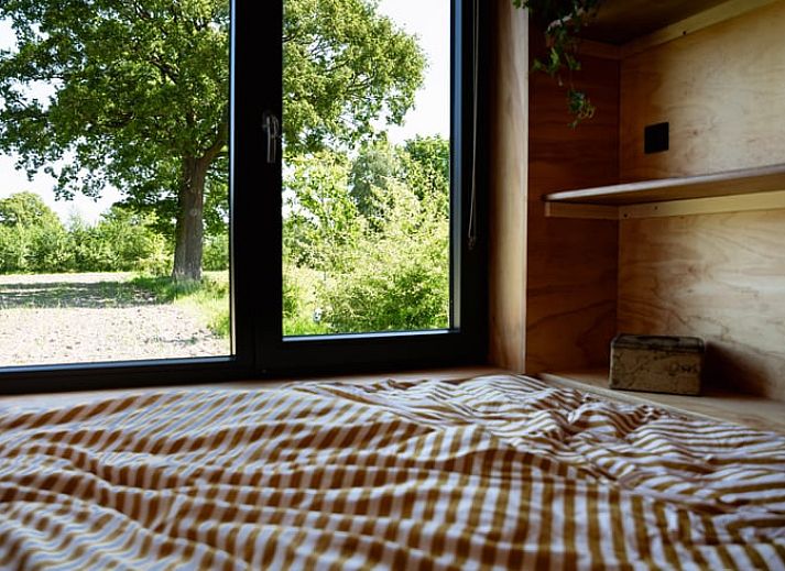 Gemuetliche Terrasse im Ferienhaus in Halle mit Blick auf die Natur in Gelderland.