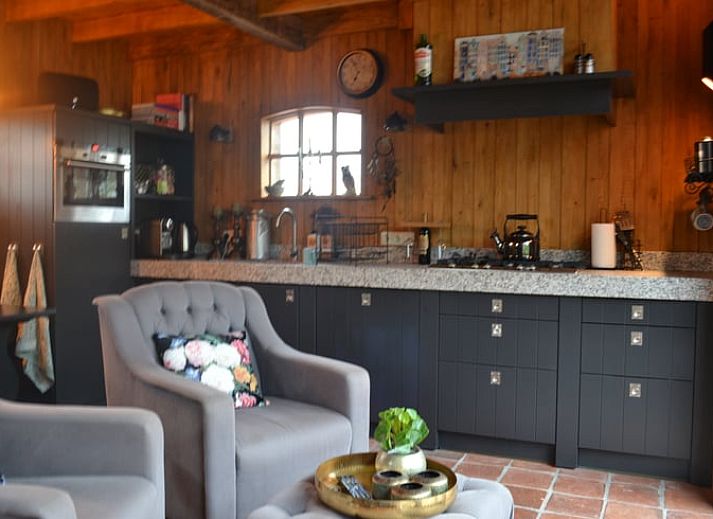 Gezellige zithoek met uitzicht op groene tuin in Vakantiehuisje in Ruurlo, Achterhoek, Gelderland. Ontspannen in landelijke omgeving.