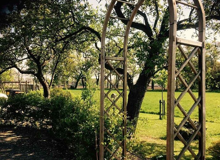 Kinderen spelen in een houten wagen bij DG471, vakantiehuis in de Achterhoek, omgeven door natuur.