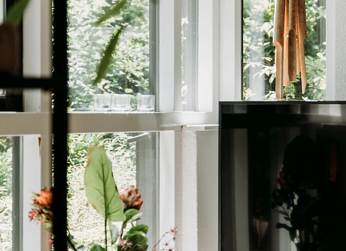 Gezellige woonkamer in vakantiehuis in Lochem met open haard en natuurzicht.