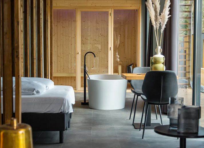 Veranda of Chalet in Lochem with garden furniture, located in the beautiful Achterhoek, Gelderland.