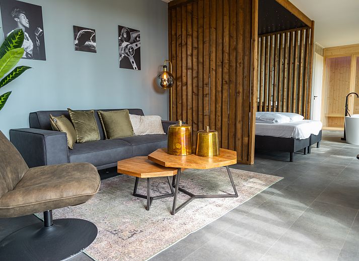 Veranda of Chalet in Lochem with garden furniture, located in the beautiful Achterhoek, Gelderland.