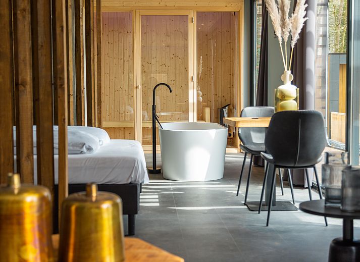 Veranda of Chalet in Lochem with garden furniture, located in the beautiful Achterhoek, Gelderland.