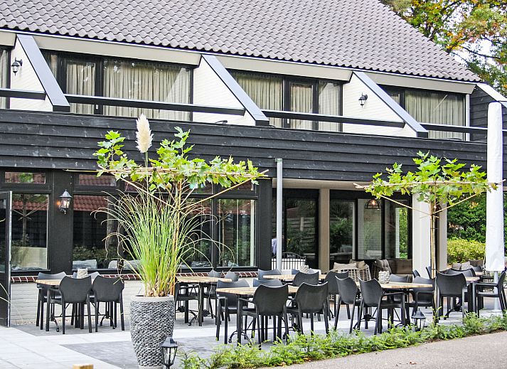 Geraeumige Terrasse des Ferienhauses 4L in Lochem mit Blick auf den gruenen Garten.