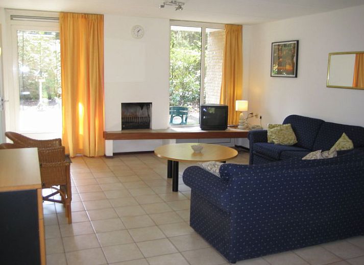 Moderne woonkamer in Vakantiehuis 4L, Lochem met comfortabele banken en open haard voor gezellige avonden in de Achterhoek.