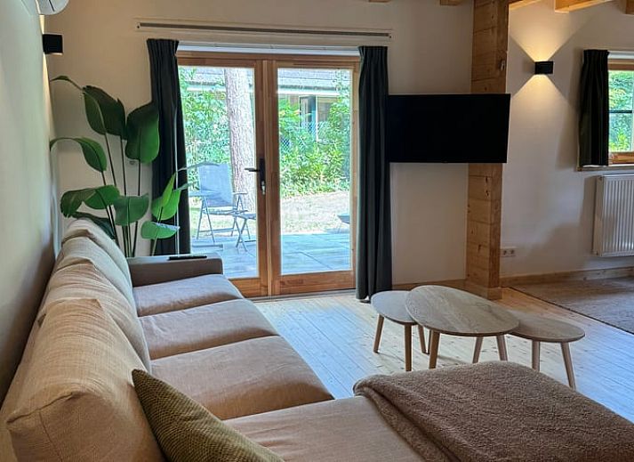 Gezellige woonkamer in Vakantiehuis in Lochem, Achterhoek, met uitzicht op terras en natuur in Gelderland.