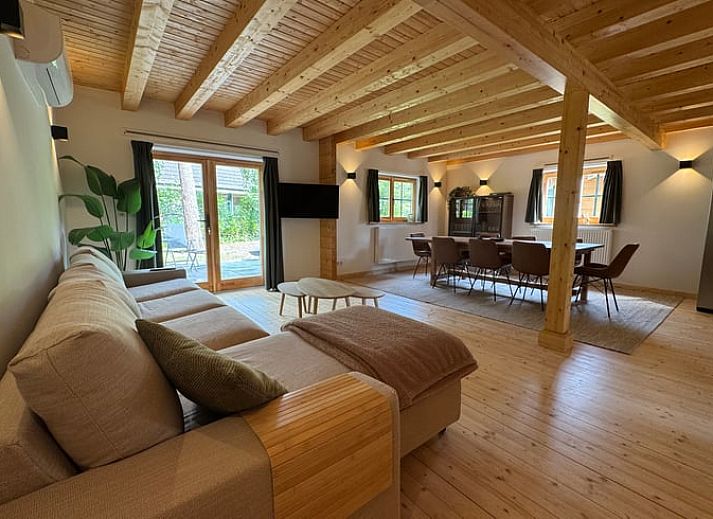 Gezellige woonkamer in Vakantiehuis in Lochem, Achterhoek, met uitzicht op terras en natuur in Gelderland.