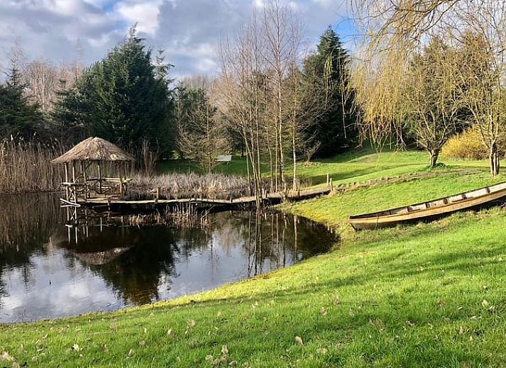 Gemuetlicher Innenbereich des Ferienhauses in Harfsen, Achterhoek, mit Blick auf die Natur vom Wohnzimmer aus in Gelderland.