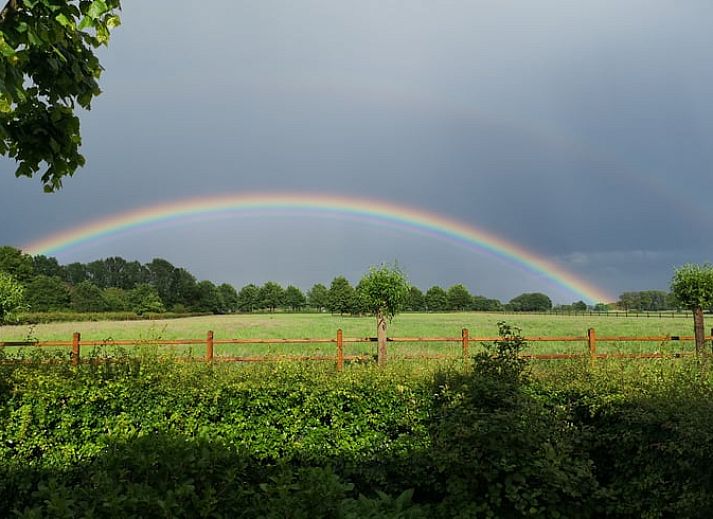 Gemuetliche Kueche und Essbereich im Ferienhaus in Harfsen, Achterhoek, Gelderland, mit Blick auf die gruene Umgebung.