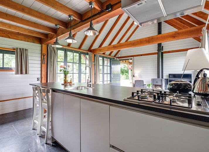 Geraeumiges Wohnzimmer im Ferienhaus in Zutphen, Achterhoek, mit freiliegenden Holzbalken und modernen Moebeln.