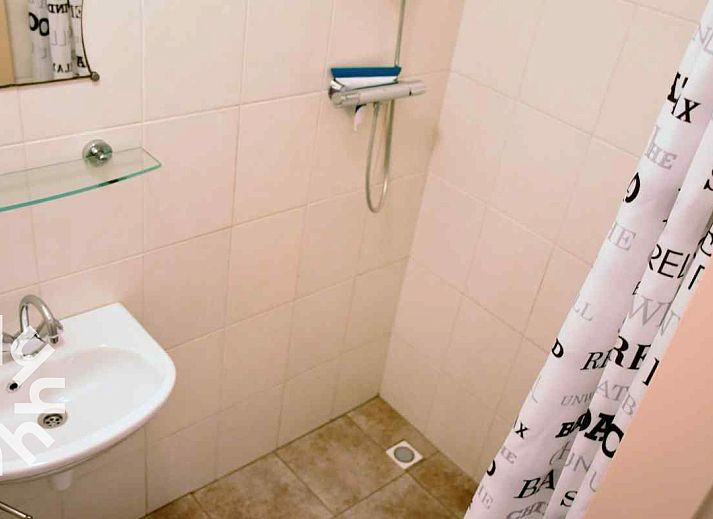 Ruhiger Garten des Ferienhauses DG126 in Vorden, Achterhoek, Gelderland mit Terrasse und Baeumen.