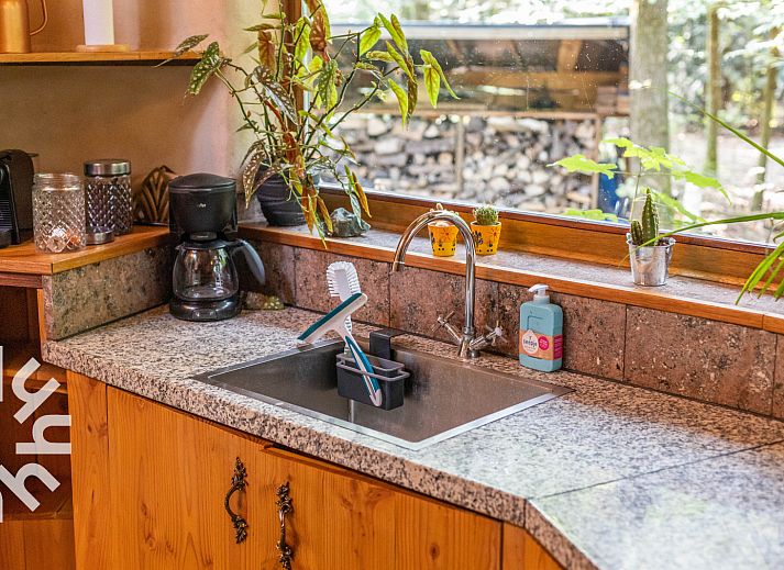 Unterkunft DG1417 in Neede, Achterhoek, umgeben von ueppiger Natur mit einem Grasdach und einem gemuetlichen Aussenbereich.