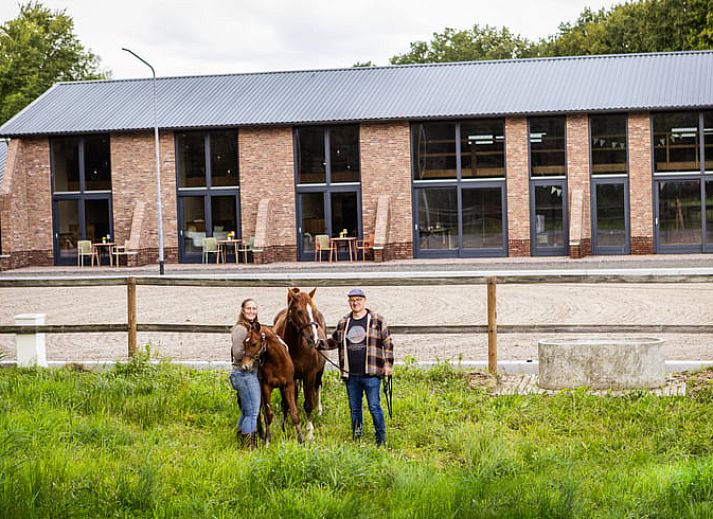 Gezellige woonkamer in Vakantiehuisje in Neede, Achterhoek, met moderne keuken en houten trap.