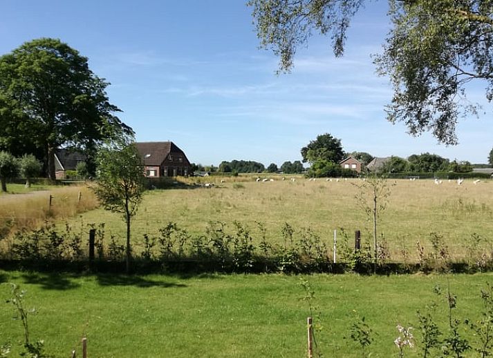Eetgedeelte in Vakantiehuis in Gaanderen, Achterhoek, Gelderland, met grote houten tafel en uitzicht op de tuin.