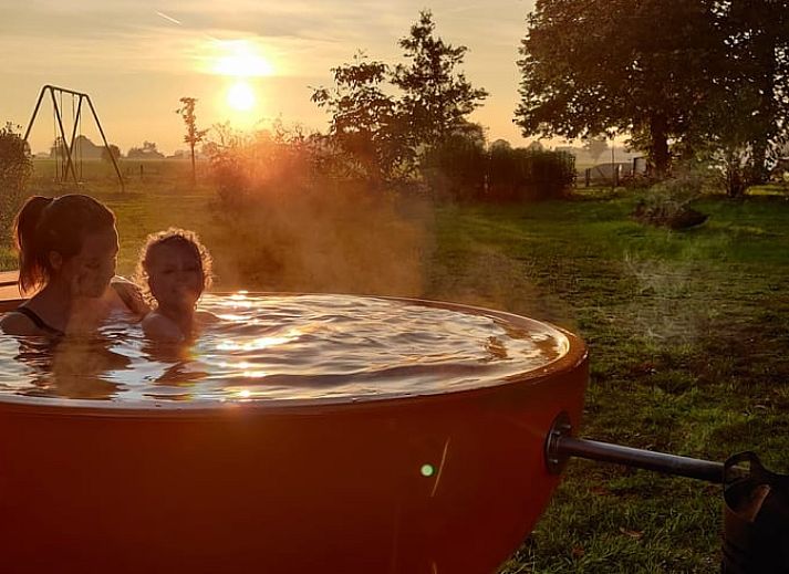 Cozy outdoor area of cottage in Lievelde, Achterhoek, with hanging chairs and covered terrace for a relaxing stay in Gelderland.