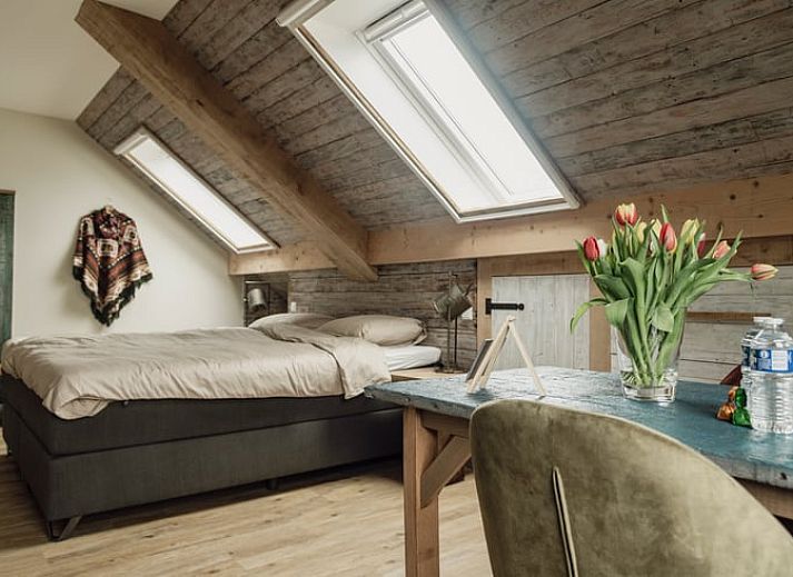 Stimmungsvolle Einrichtung des Huisje in De Heurne, Ferienhaus in Achterhoek, Gelderland, mit einzigartiger Wanddekoration und moderner Ausstattung.