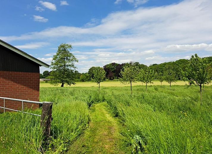 Ferienhaus in Almen, Ferienunterkunft in Achterhoek, Gelderland. Traditionelle Architektur mit Fluegeltueren und sonnigem Aussenbereich.