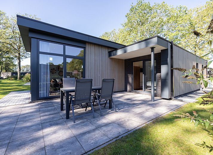 Modern living room of vacation home Aurelia with sauna in Kring van Dorth, Achterhoek. Bright interior overlooking the green garden.