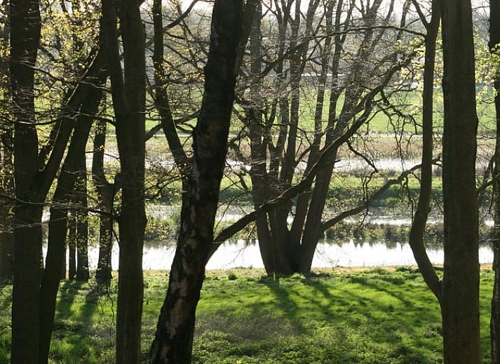 Open leefruimte in Vakantiehuis in Voorst Oude IJsselstreek, Achterhoek, Gelderland met houten vloer en moderne keuken.