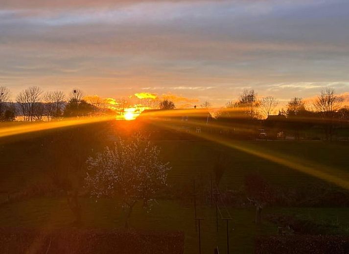 Zonnig terras met parasol bij Vakantiehuis in Baak, Achterhoek, ideaal voor buitenontspanning.