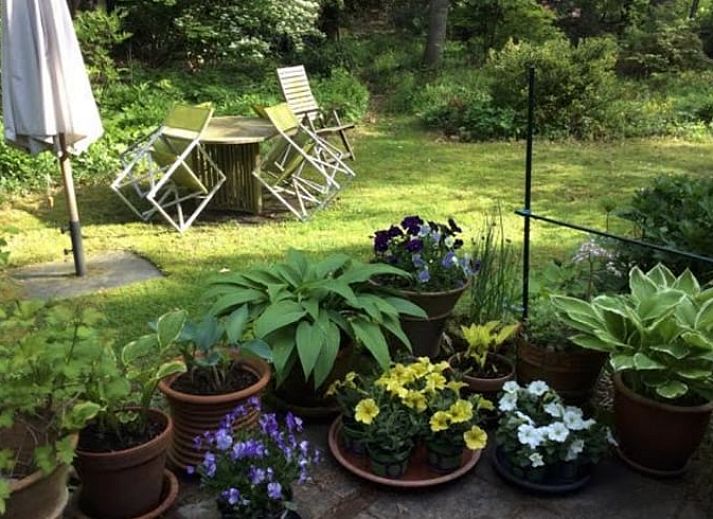 Gemuetliches Schlafzimmer im Ferienhaus in Joppe, Achterhoek, mit Holzmoebeln und Blick auf die gruene Natur durch grosse Fenster.