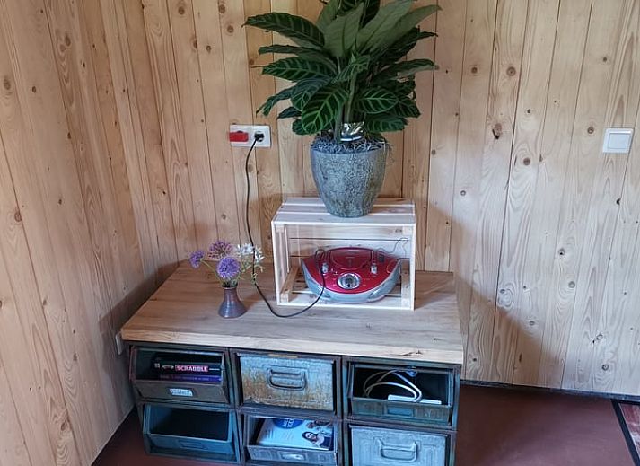 Gemuetlicher Innenbereich des Ferienhauses in Winterswijk Corle, gelegen in Achterhoek, Gelderland, mit Holzinterieur und Blick auf die Terrasse.