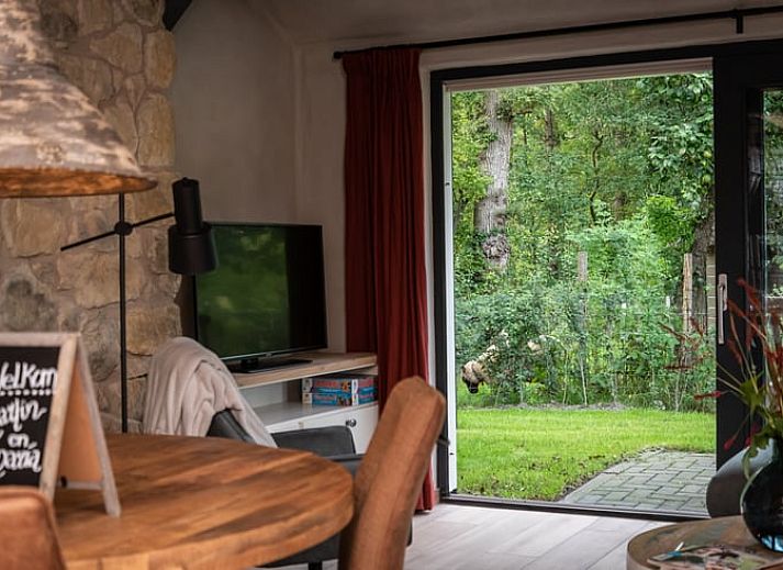 Gezellige woonkamer in Huisje in Empe, vakantiehuis Gelderse vallei, met stenen muur en comfortabele stoelen.