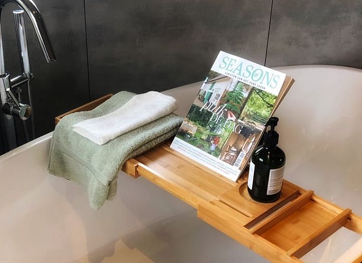 Gezellige woonkamer in Huisje in Empe, vakantiehuis Gelderse vallei, met stenen muur en comfortabele stoelen.