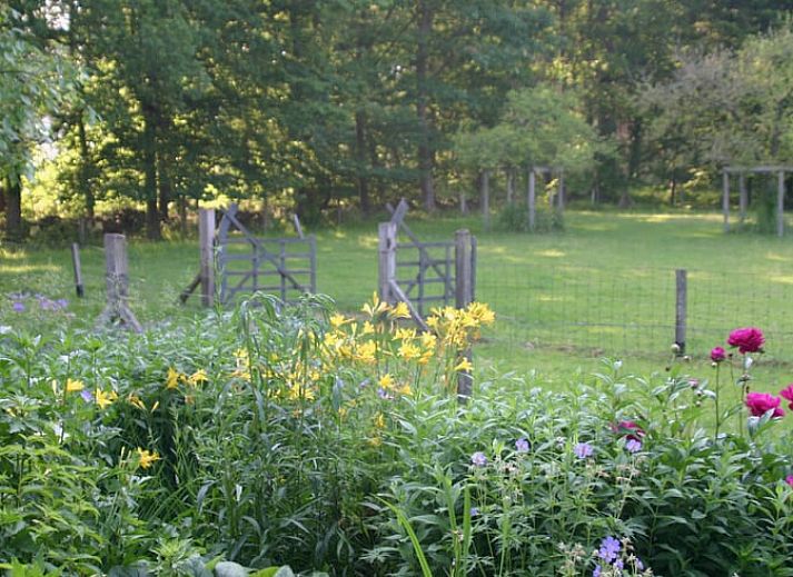 Ruime zithoek in Huisje in Empe, vakantiehuis Gelderse vallei, met uitzicht op de tuin.