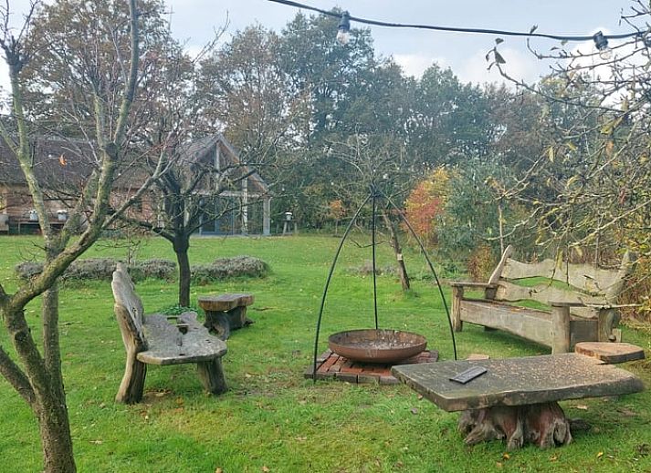 Gezellige binnenruimte van Huisje in Tonden, een vakantiehuis in de Gelderse vallei, Gelderland, met rustieke houten details en tuinzicht.