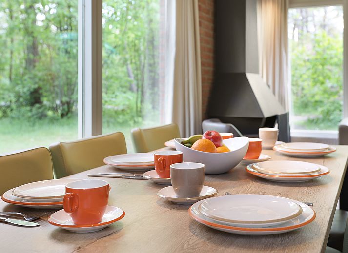 Gemuetliches Wohnzimmer mit Kamin im Heideheuvel Bungalow, Beekbergen, Veluwe.