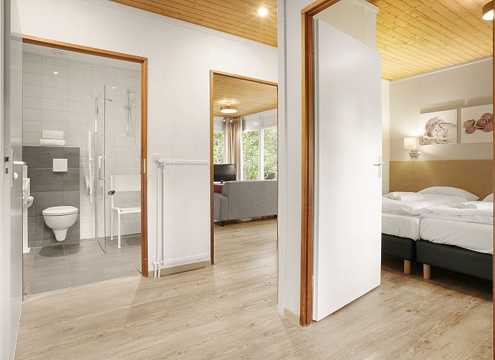 Erholsames Schlafzimmer im Heideheuvel 2-Bett-Bungalow, Beekbergen, Veluwe. Bequeme Betten fuer eine gute Nachtruhe.