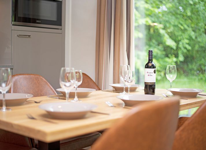 Gezellige woonkamer in Heideheuvel 6-persoons bungalow 6CE1, Beekbergen, Veluwe, met uitzicht op de natuur.