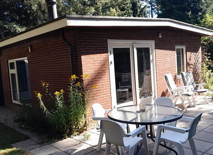 Ferienhaus in Beekbergen, Veluwe, Gelderland, mit einem sonnigen Garten, umgeben von Natur und rustikalen Backsteinmauern.