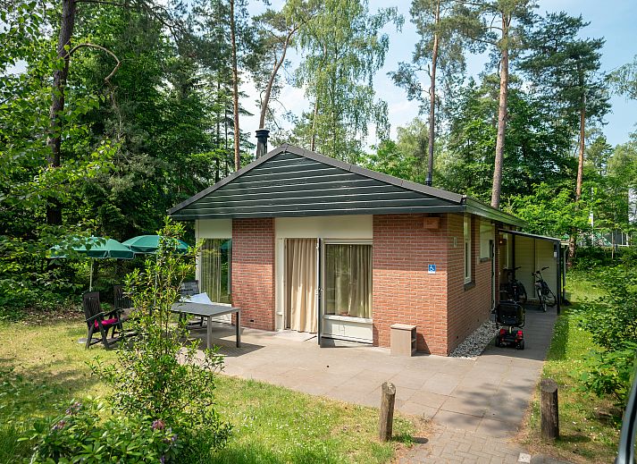 Lichte zithoek in Heideheuvel 4-persoons bungalow, Beekbergen, Veluwe, met uitzicht op de omliggende natuur.
