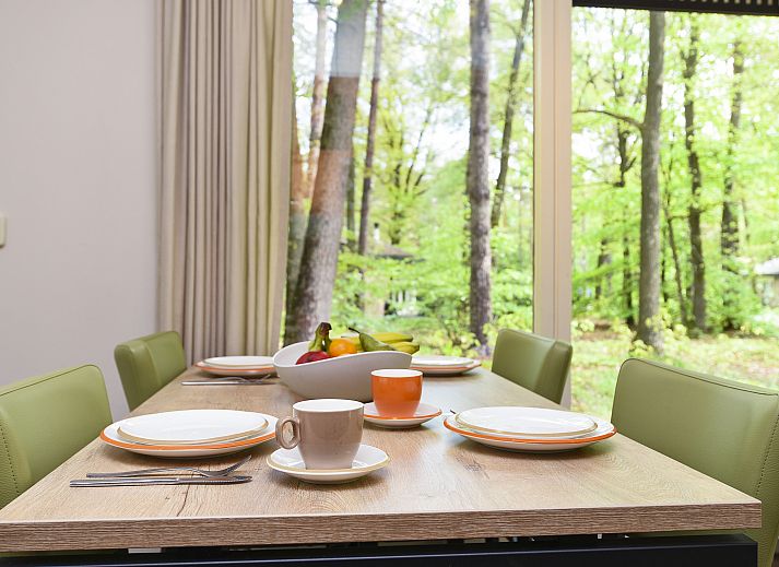 Lichte zithoek met uitzicht op de natuur in Heideheuvel bungalow 4B, Beekbergen, Gelderland.