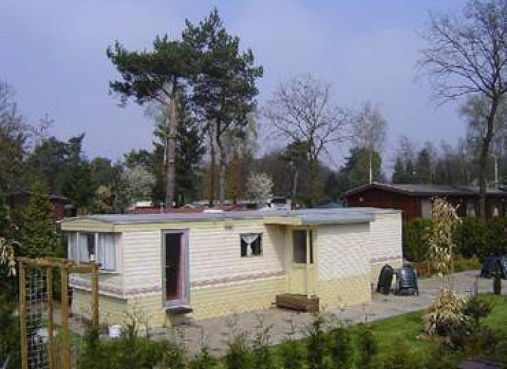 Terrace at Mobile home on the Veluwe in Harskamp, surrounded by nature and privacy providing hedges.