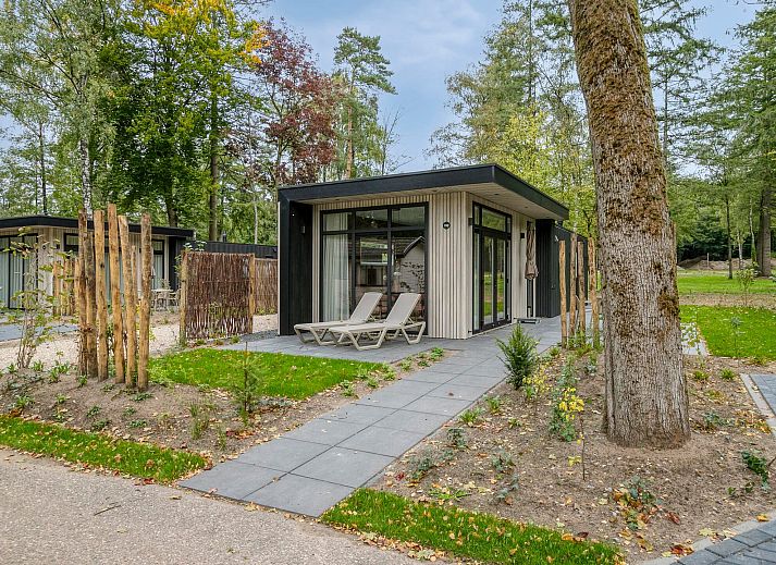 Stilvolles Wohnzimmer des Ferienhauses Wilgenhof in Ede, Veluwe, mit modernen Mbeln und Blick auf die Terrasse.