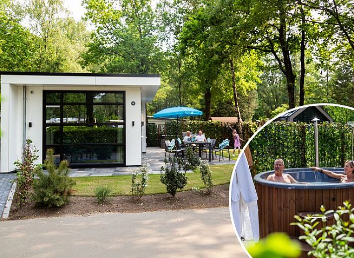 Module Special 4 personen Wellness in Ede, Veluwe met hottub op het terras omringd door groene natuur.